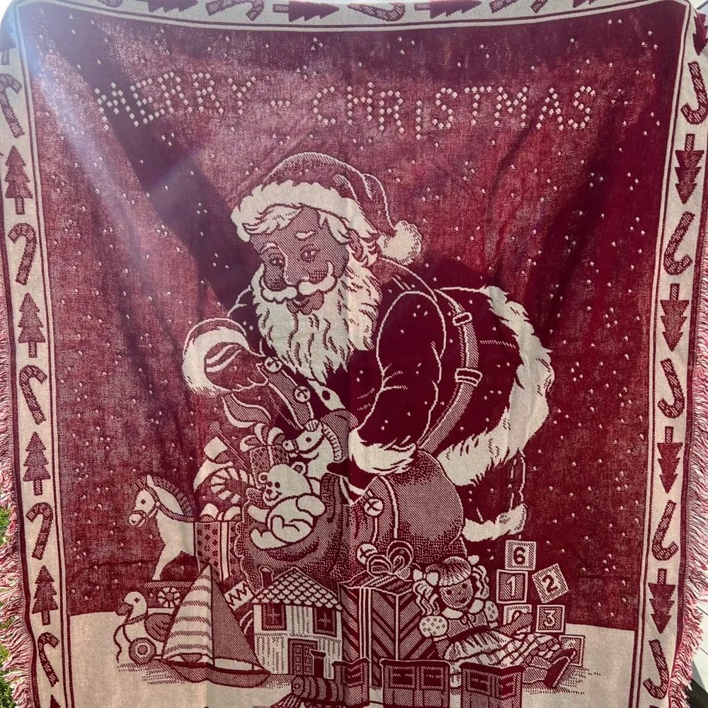 VTG Creepy Eyed Santa Tapestry Throw Blanket 58x47 Christmas